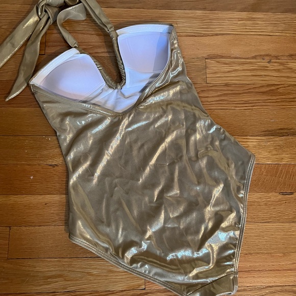 NWOT Boden Gold Shimmer Halterneck Ruched Swimsuit, size US 2 - Picture 2 of 2